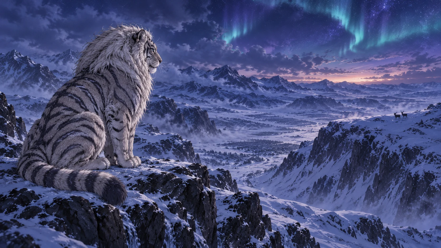 獅虎靜坐高岩，將注意力轉向遠側生命；天空極光為自然天象。